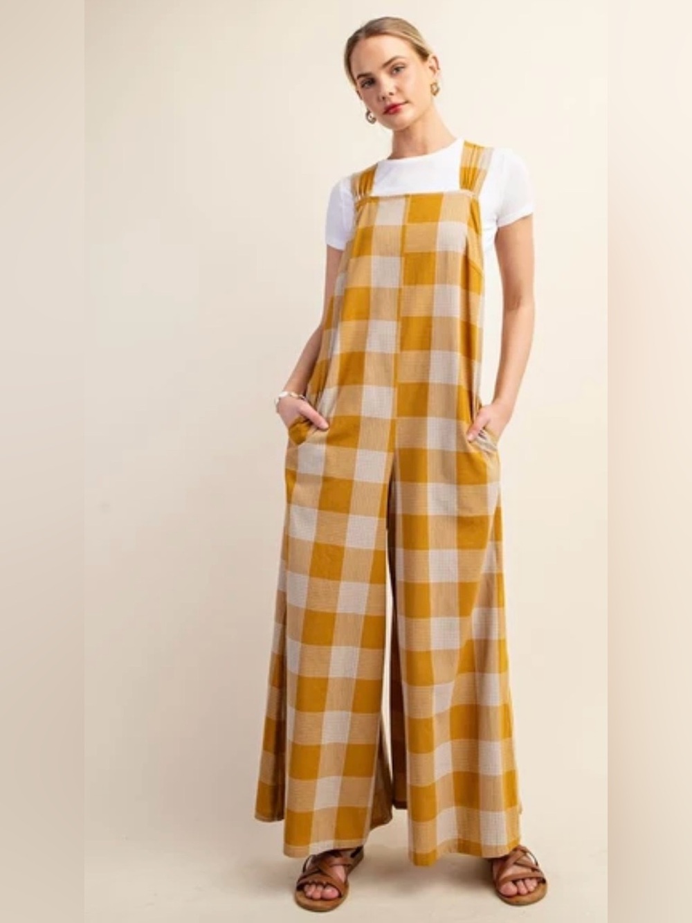 Women’s Mustard Check Wide-Leg Overalls Jumpsuit